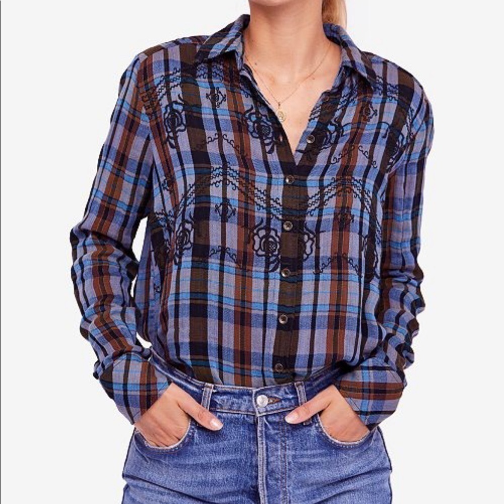 Free people magical plaid embroidered button up western - Picture 3 of 9
